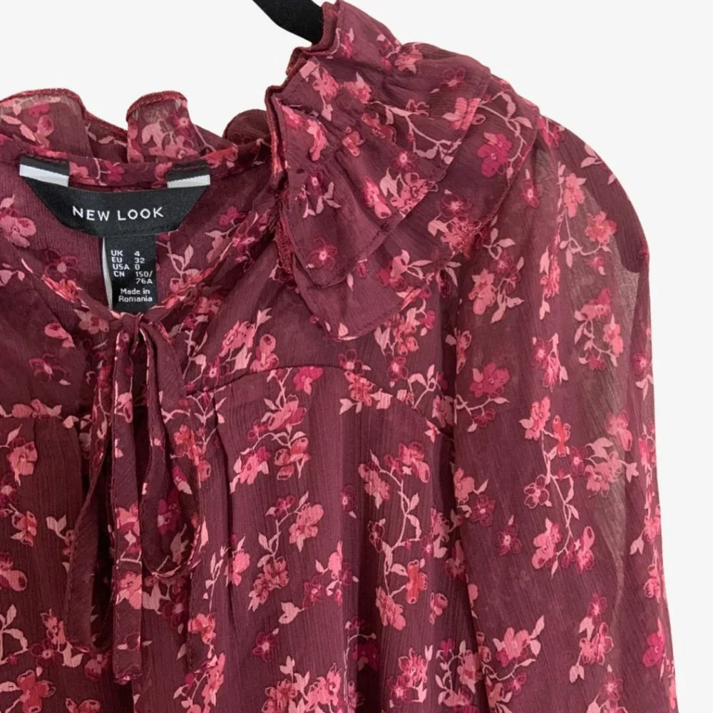 Frill Neck Chiffon Smock Floral Mini Dress - Picture 3 of 8